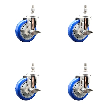 Service Caster 4 Inch 316SS Blue Polyurethane Swivel 3/8 Inch Threaded Stem Caster Set Brake SS316TS20S414-PPUB-BLUE-TLB-381615-4